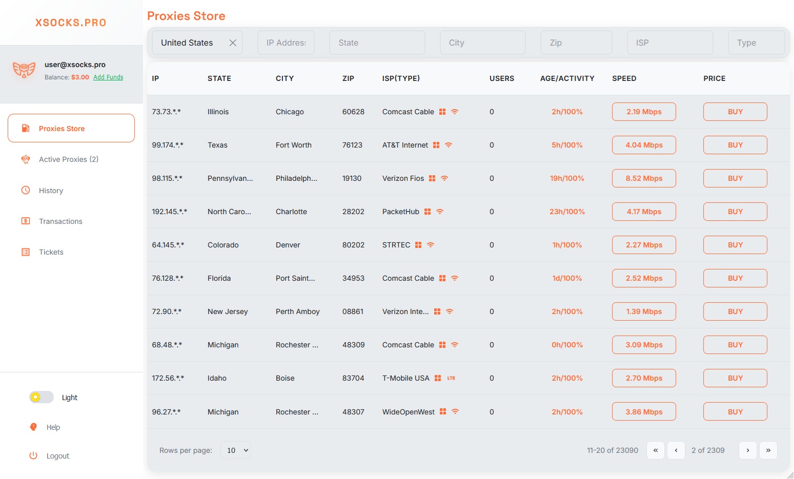 XSocks Store Interface - Available Proxy Locations